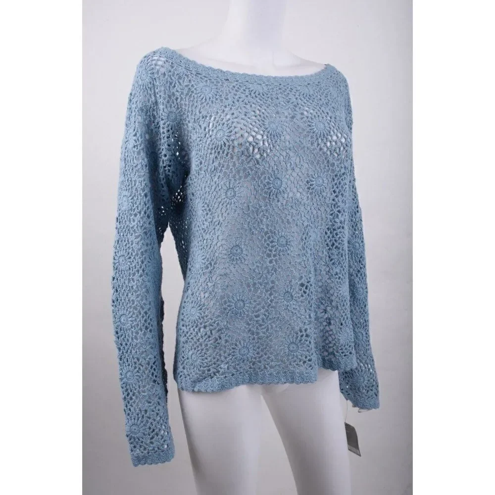 Vintage ESPRIT Womens Sweater L Blue Crochet Pullover Boat neck 90s NWT